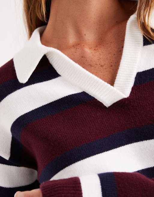 4th & Reckless knitted collared rugby jumper in multi burgundy stripe, 3 of 4