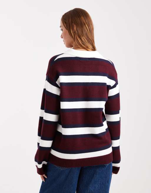 4th & Reckless knitted collared rugby jumper in multi burgundy stripe, 4 of 4