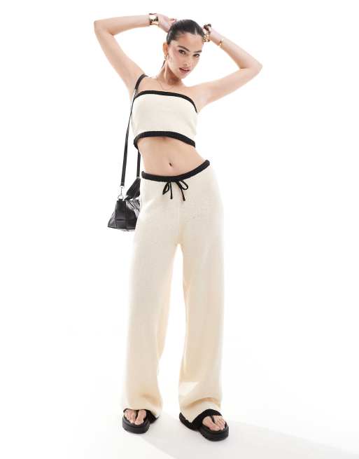 4th & Reckless knitted contrast bandeau beach crop top and pant set in ecru