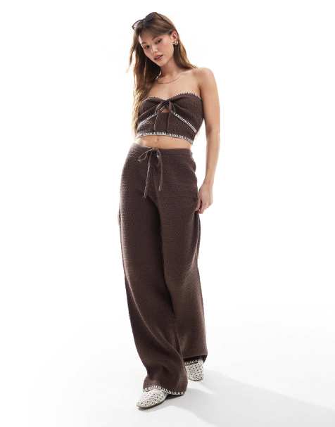 4th & Reckless knitted contrast stitch beach trouser co-ord in chocolate