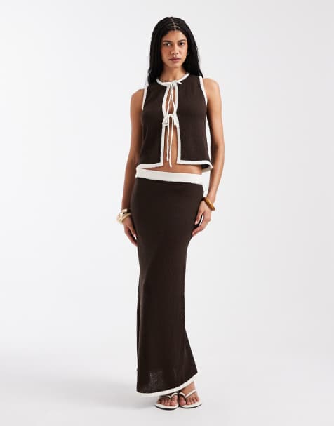 4th & Reckless knitted contrast trim tie front beach waistcoat top and maxi skirt co-ord in chocolate - view 1