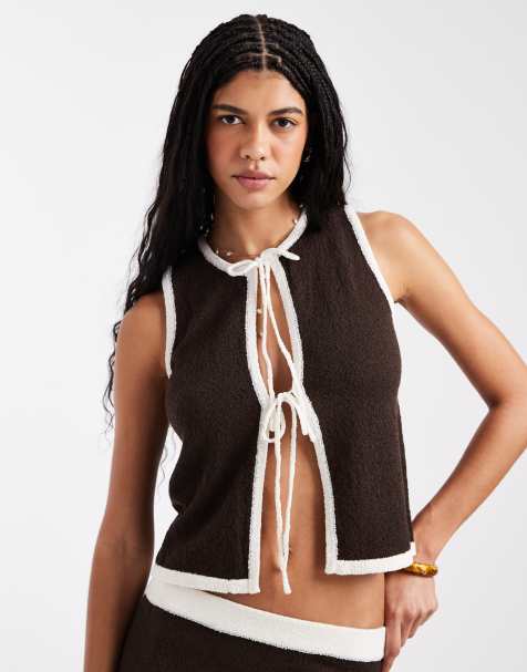 4th & Reckless knitted contrast trim tie front beach waistcoat top in chocolate (part of a set) - view 1