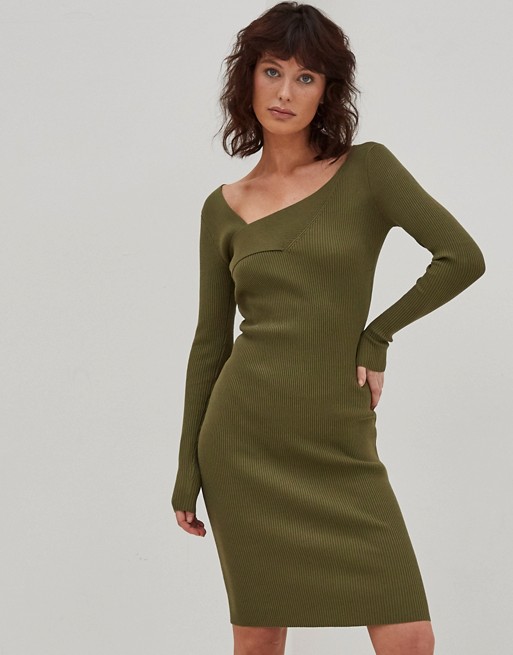 4th & Reckless knitted cross front jumper dress in khaki