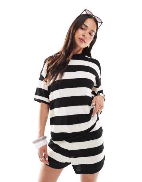 4th & Reckless knitted drop shoulder beach t-shirt co-ord in black and white stripe