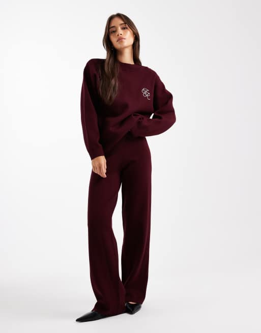 4th & Reckless knitted embroidered logo detail jumper co-ord in burgundy, 2 of 4