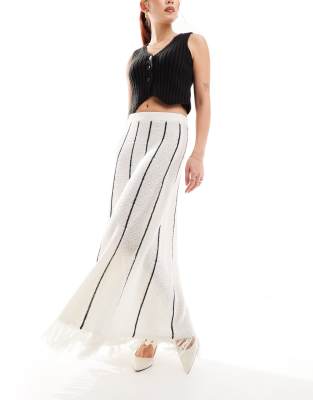 knitted fringe hem maxi skirt in cream stripe-White