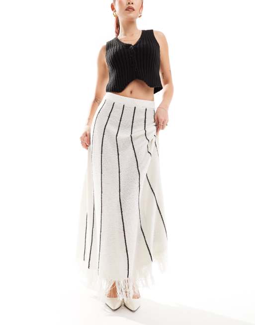 4th Reckless knitted fringe hem maxi skirt in cream stripe ASOS