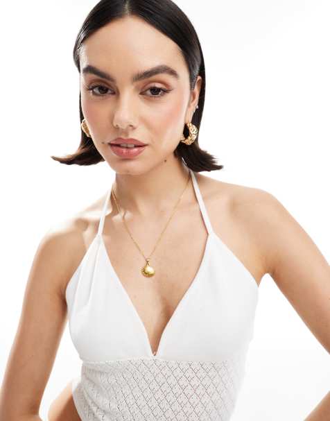 4th & Reckless knitted halterneck tie back beach cami top co-ord in white - view 1