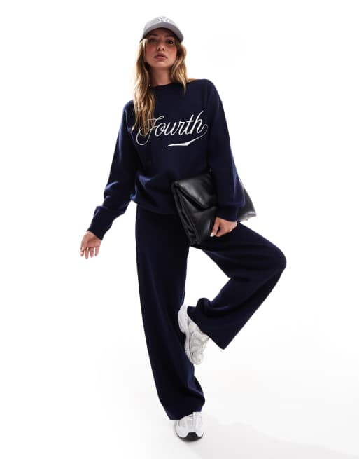 4th & Reckless knitted high neck embroidered logo jumper and wide leg ...
