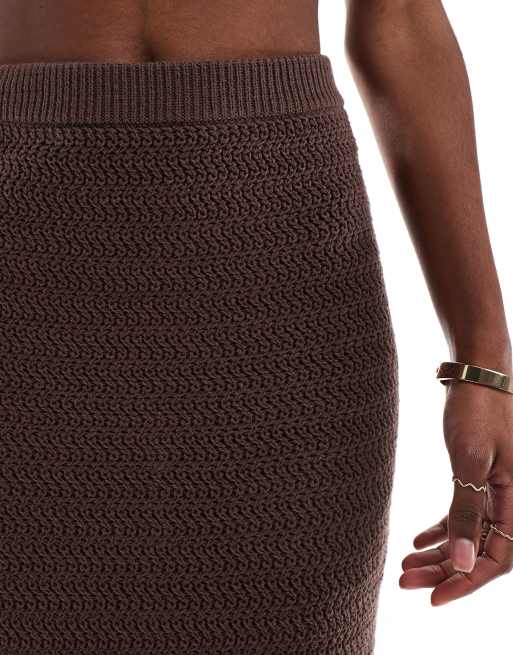 4th & Reckless knitted high waisted maxi beach skirt co-ord in chocolate brown