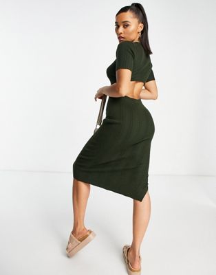 4th & reckless knitted midi dress with open back detail in khaki