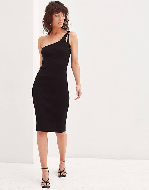 4th & Reckless knitted one shoulder chain strap detail midi dress in black