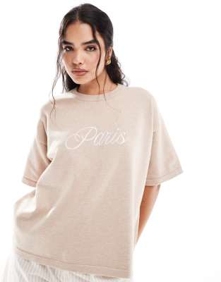 knitted Paris logo t-shirt in camel-Neutral