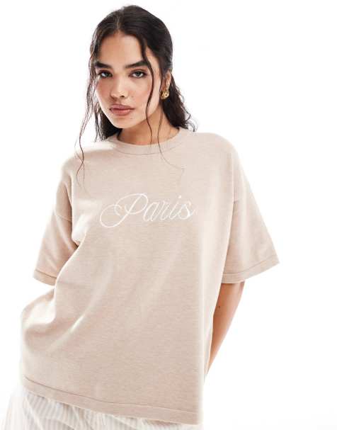 4th & Reckless knitted Paris logo t-shirt in camel - view 1