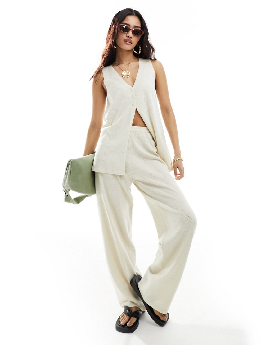 4th & Reckless knitted pointelle straight leg trousers co-ord in cream-White