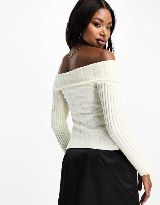 4th Reckless knitted rib folded bardot top in cream ASOS