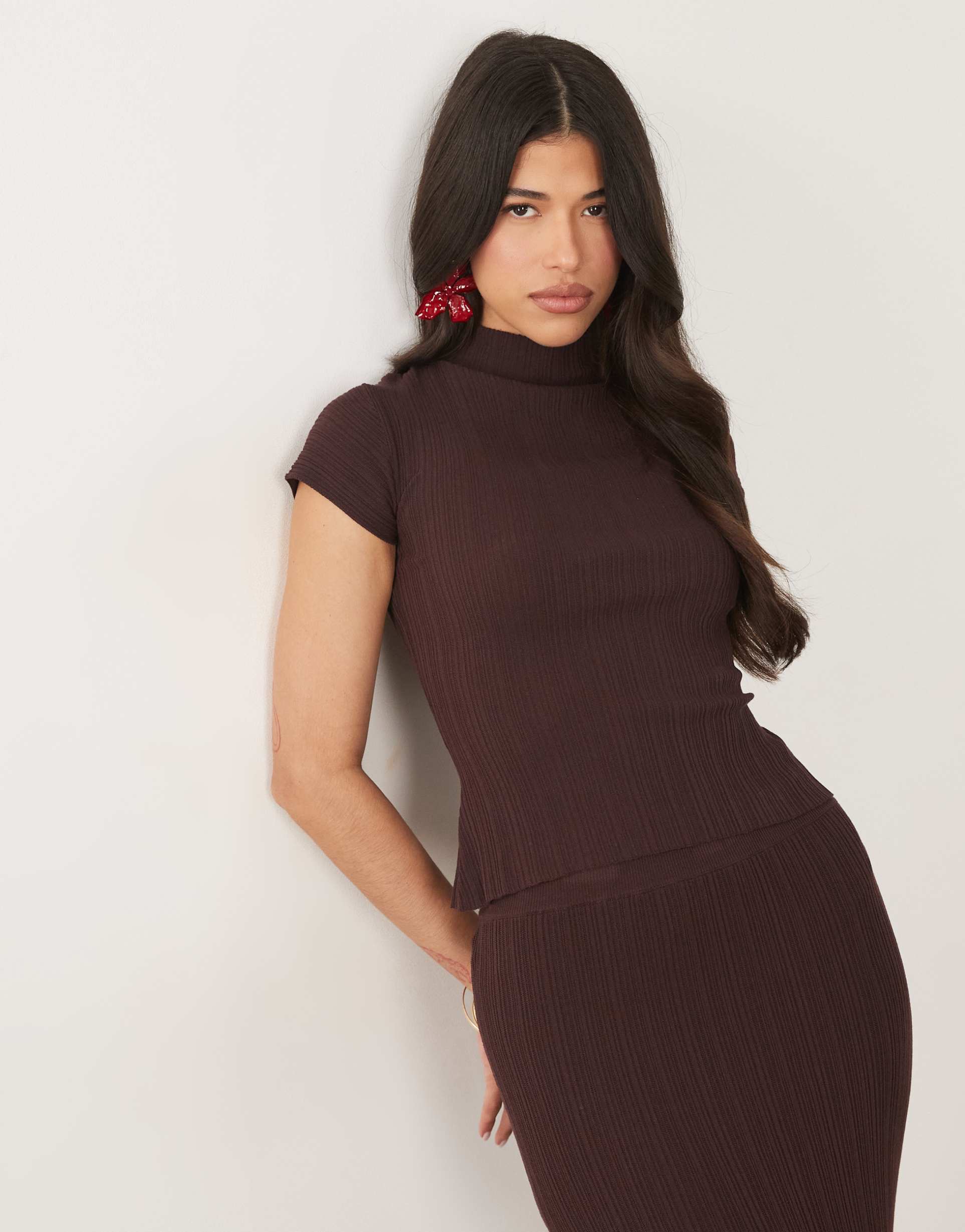 4th & reckless knitted ribbed cap sleeve high neck in chocolate - part of a set