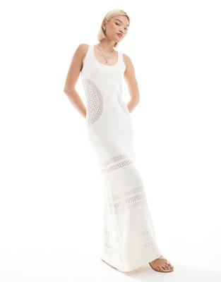 knitted scoop neck panel detail beach maxi dress in cream-White