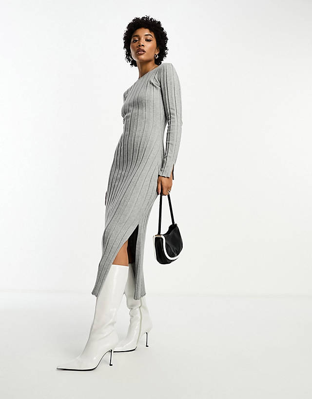 4th & Reckless - knitted side split midi  jumper dress in grey