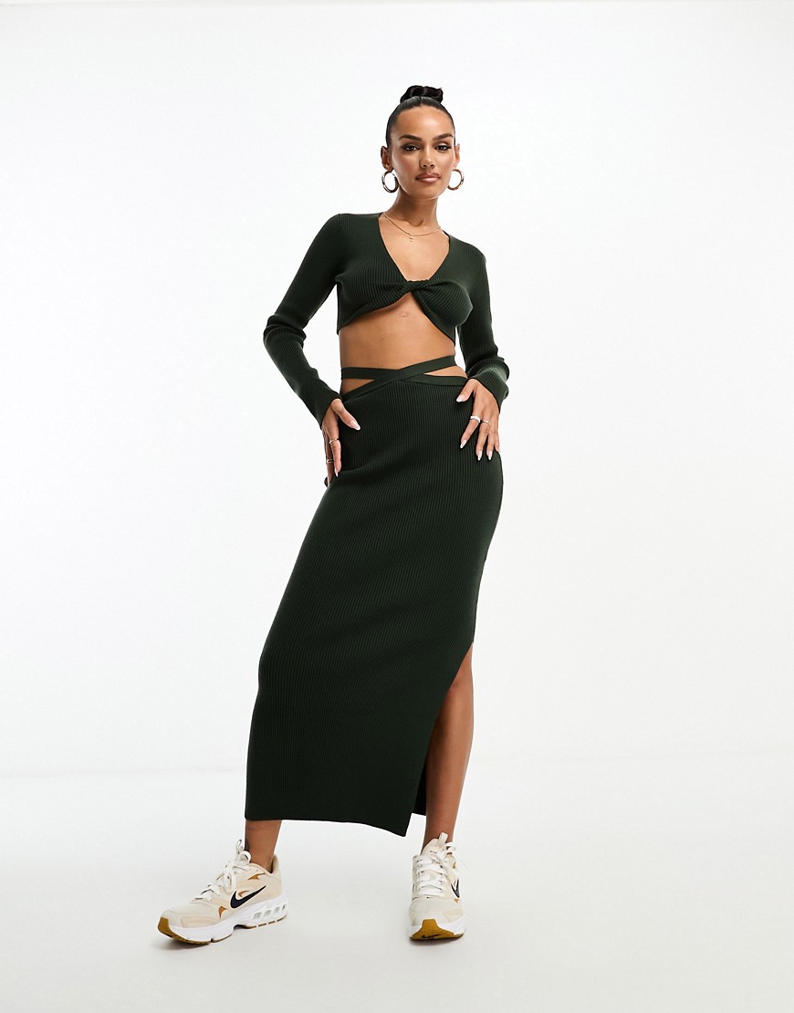 4th & Reckless knitted skirt co-ord with waist strap detail in khaki-Green