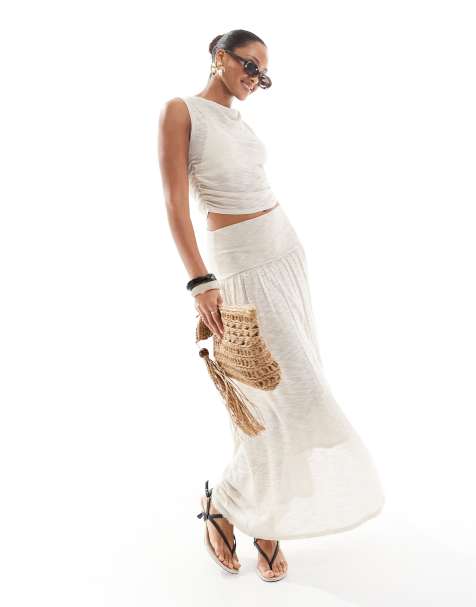 4th & Reckless knitted slash neck top and deep waistband drop waist maxi skirt set in beige - view 1