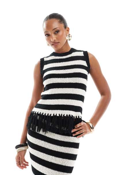 4th & Reckless knitted sleeveless tassel edge top co-ord in mono stripe - view 1