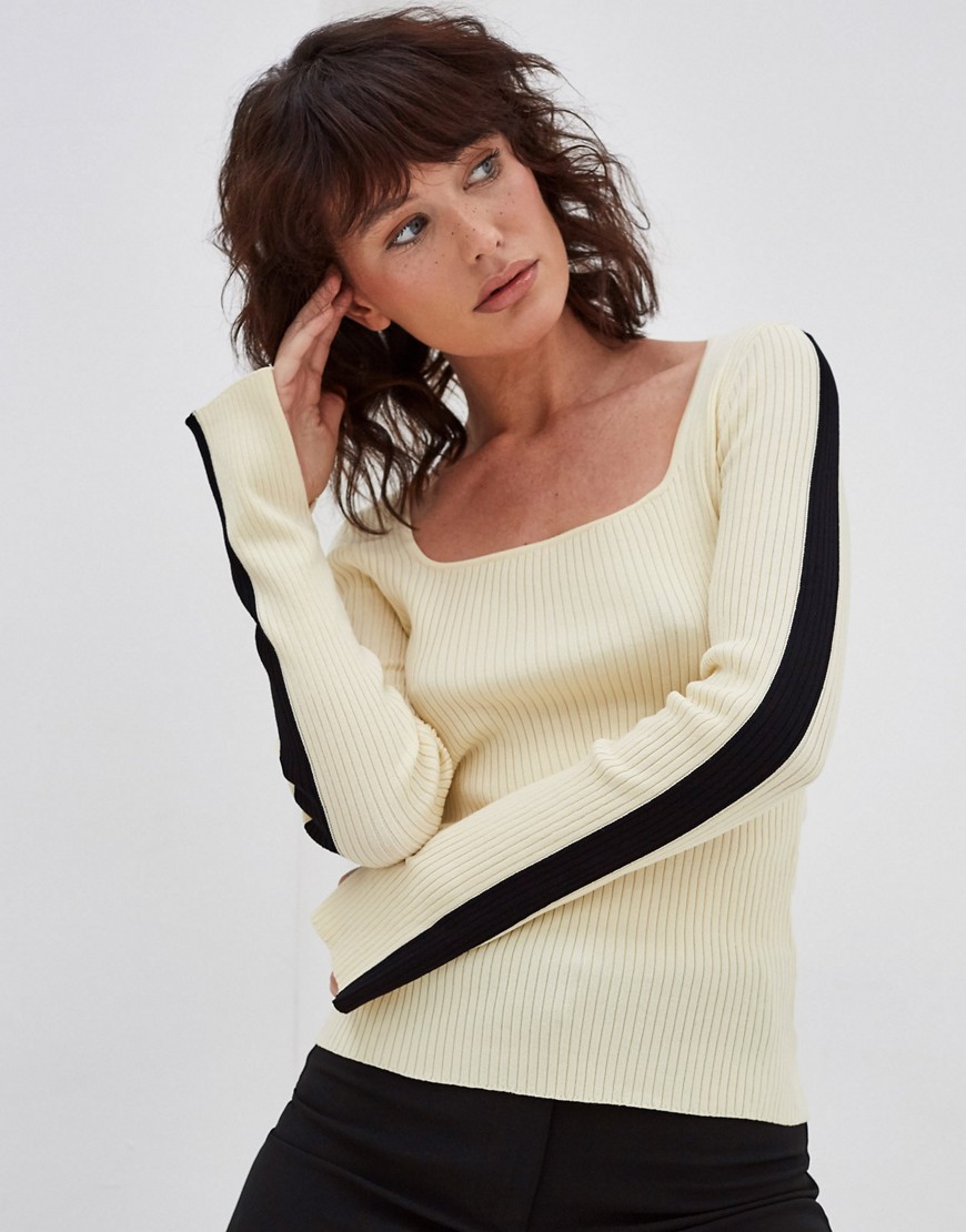 4th & Reckless knitted square neck sweater with contrast stripe detail in cream-White