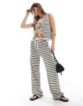 [4th & Reckless] 4th & Reckless knitted tie waist wide leg beach pants in black & white stripe (part of a set)-Multi 6 Black and white