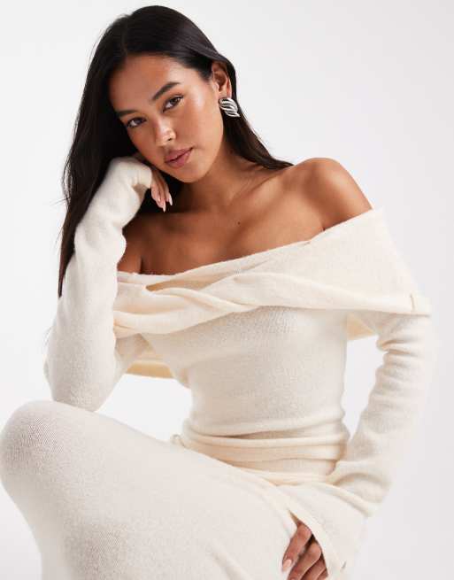 4th & Reckless knitted twist detail off shoulder jumper in cream (part of a set)