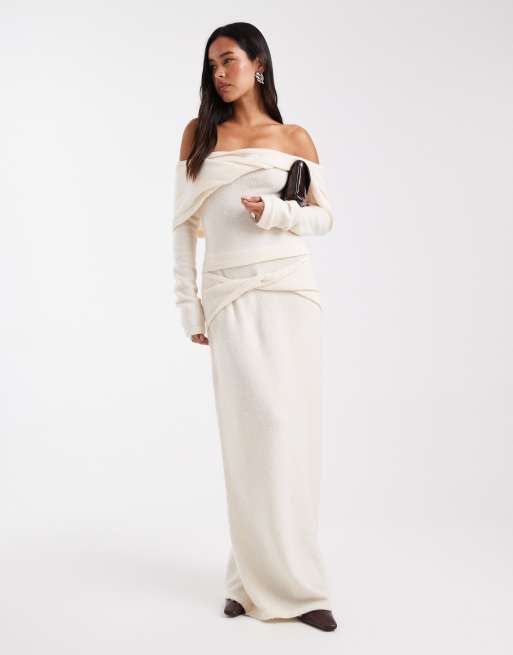4th & Reckless knitted twist front detail maxi skirt in cream (part of a set)