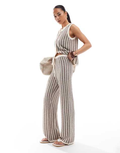 4th & Reckless knitted wide leg trousers co-ord in brown stripe
