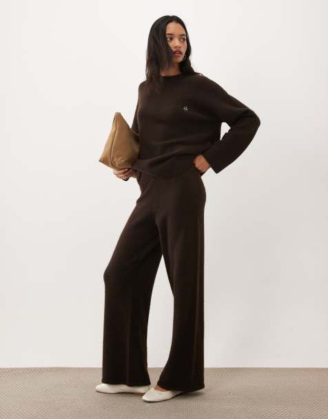 4th & Reckless knitted wide leg trousers co-ord in chocolate - view 1