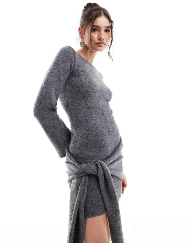 4th & Reckless - knitted wide sleeve knot detail mini jumper dress in grey