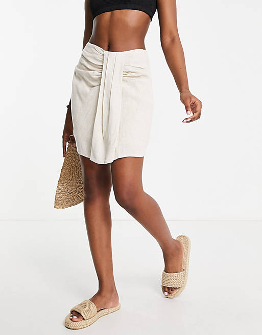 4th & Reckless Kora linen tie front beach mini skirt co-ord in stone