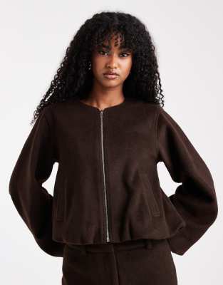 4th & Reckless - Kragenlose Bomberjacke in Schokobraun mit Ballonärmeln und Woll-Haptik, Kombiteil-Brown