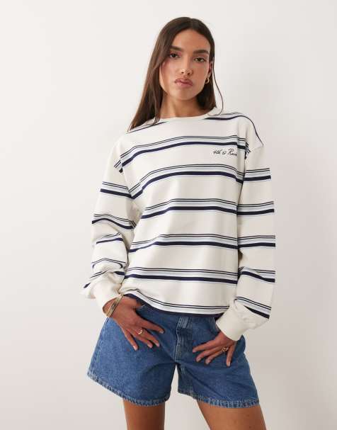 4th & Reckless – Kremowy T-shirt oversize w paski z dużą zawartością bawełny z długimi rękawami, okrągłym dekoltem i haftowanym logo - view 1