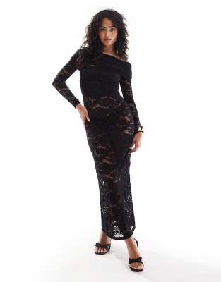 lace bardot foldover long sleeve maxi dress in black