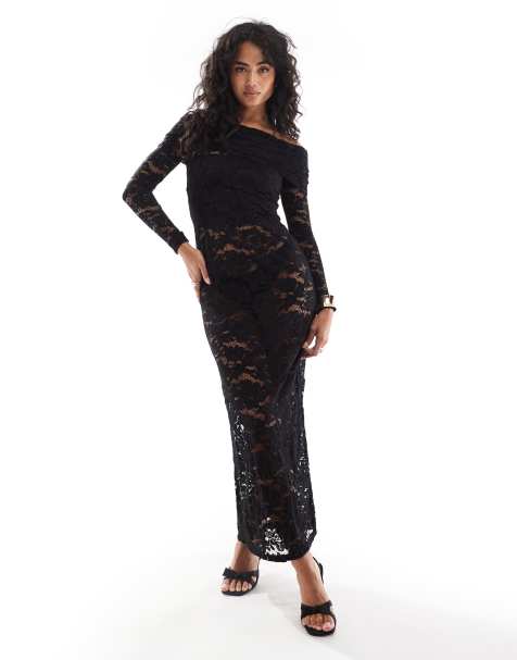 4th & Reckless lace bardot foldover long sleeve maxi dress in black - view 1