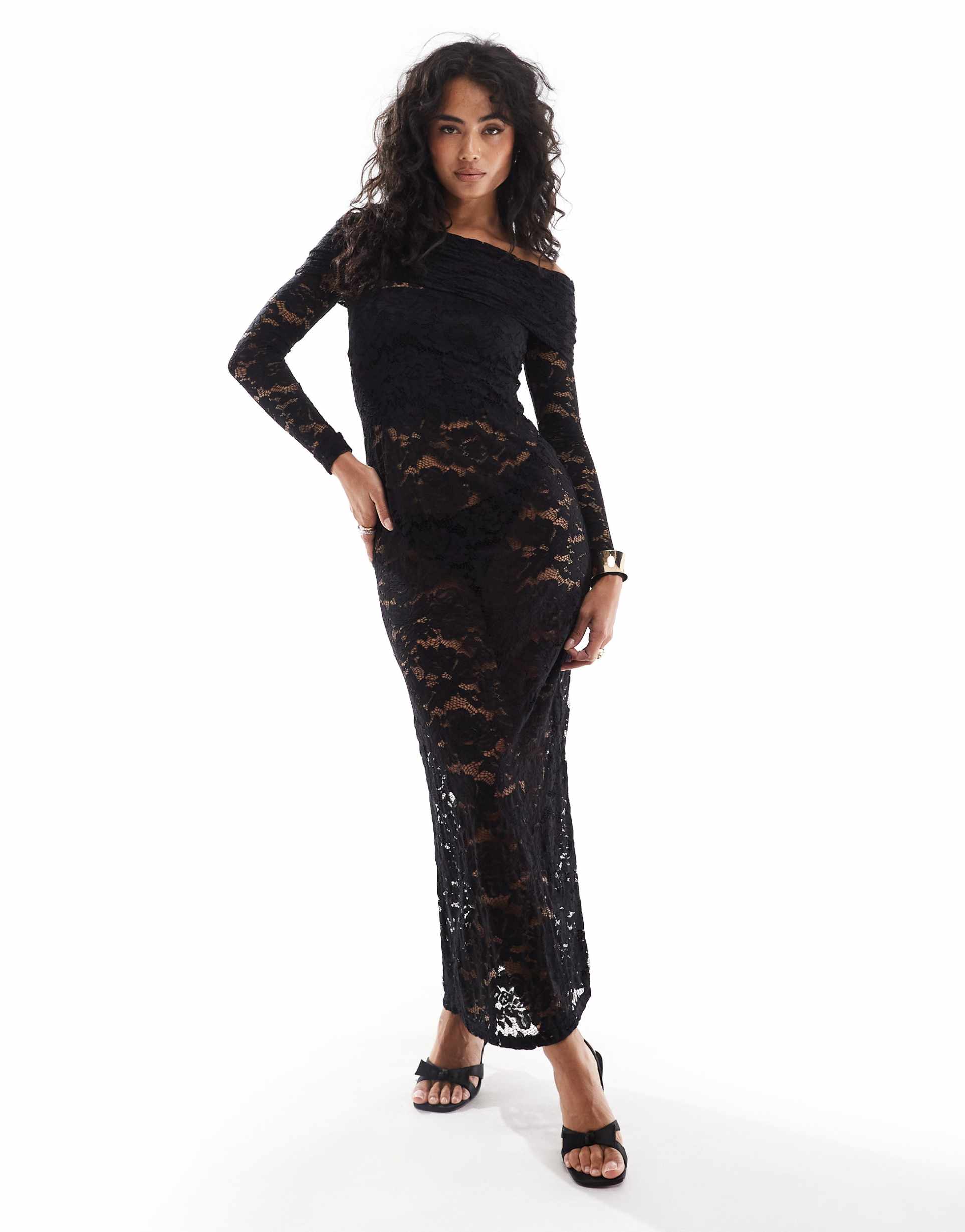 4th & reckless lace bardot foldover long sleeve maxi dress in black