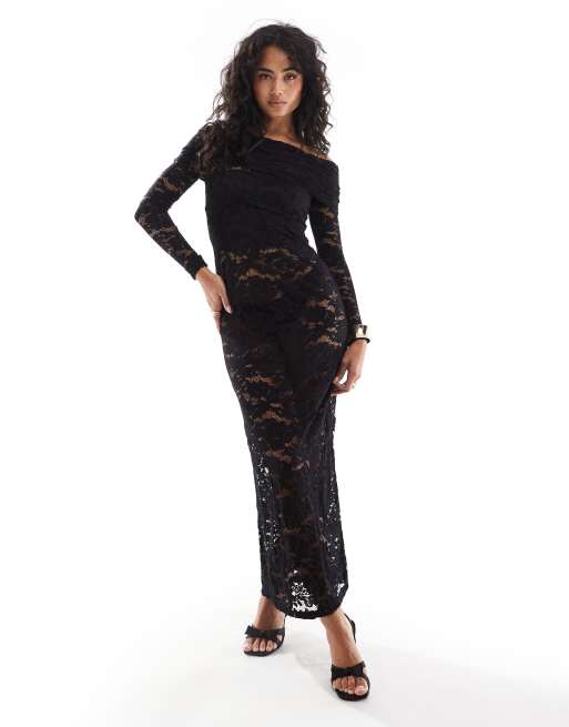 4th Reckless lace bardot foldover long sleeve maxi dress in black