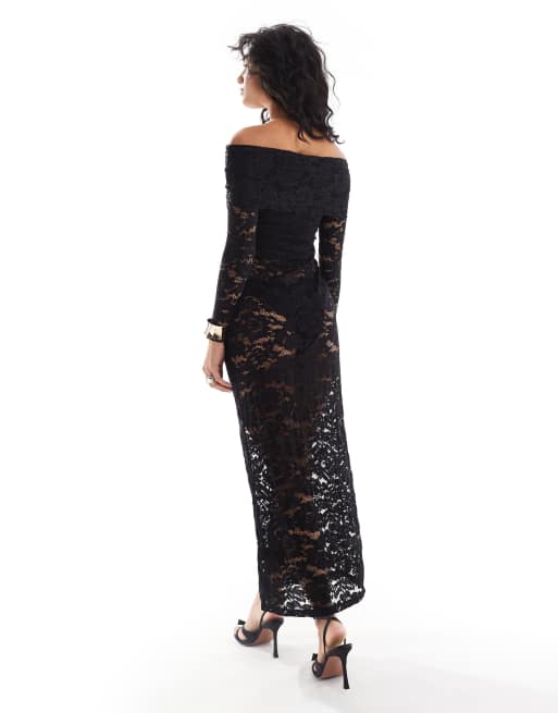 4th Reckless lace bardot foldover long sleeve maxi dress in