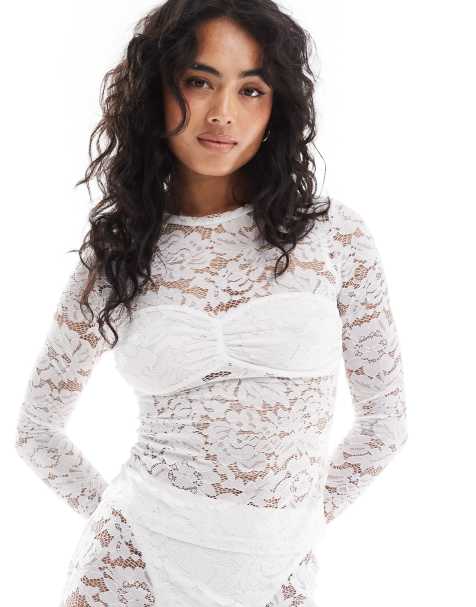 4th & Reckless lace long sleeve top co-ord in white - view 1