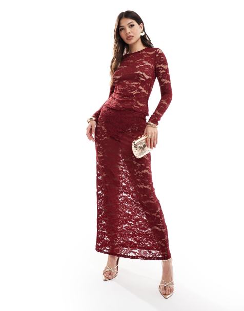 4th & Reckless lace long sleeve top co-ord in burgundy