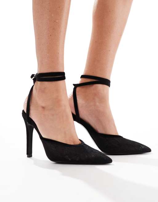 4th Reckless lace pointed court shoes in black ASOS