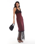 [4th & Reckless] 4th & Reckless lace satin trim & hem v-neck maxi dress in burgundy-Red 18 BURGUNDY