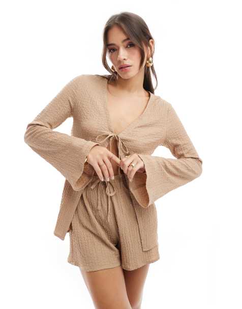 4th & Reckless lanai crinkle long sleeve tie front beach shirt co-ord in beige - view 1