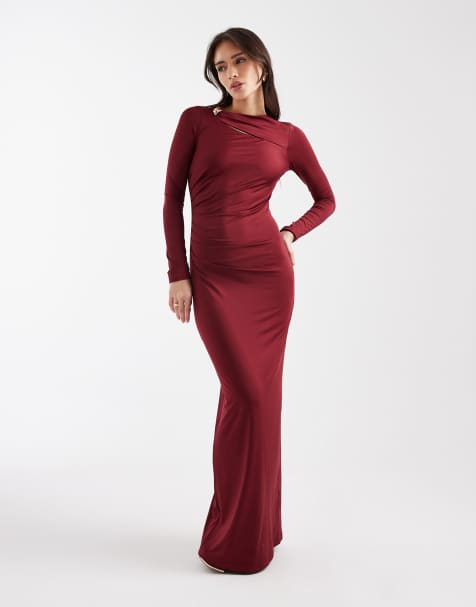 4th & Reckless – Langärmliges Maxikleid in Burgunderrot mit seitlicher Raffung und Zierausschnitten mit Metalldetail - view 1