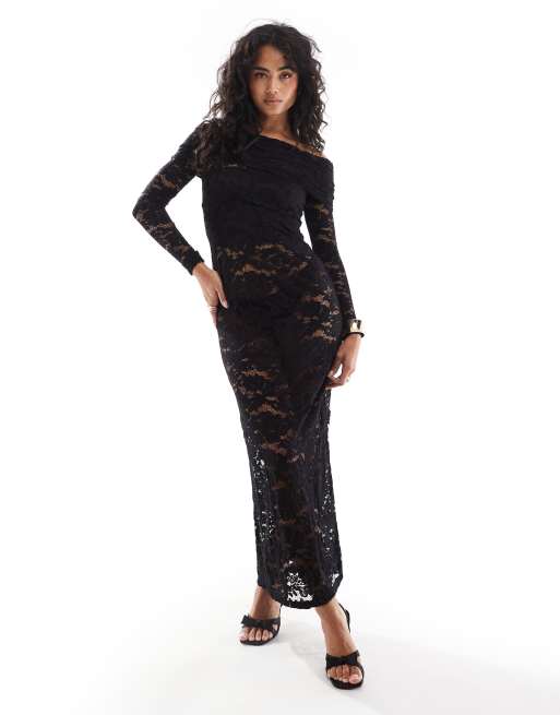 4th & Reckless – Langärmliges Spitzen-Maxikleid in Schwarz mit umgeschlagenem Carmen-Ausschnitt