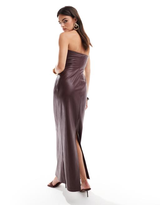 4th & Reckless leather look bandeau maxi dress in burgundy, 3 of 4