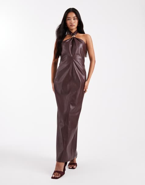 4th & Reckless leather look gold hardware knot detail halterneck maxi dress in burgundy - view 1